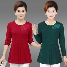 Новые весенние среднего возраста женская одежда моды с длинными рукавами О-образным вырезом Для женщин рубашки T44