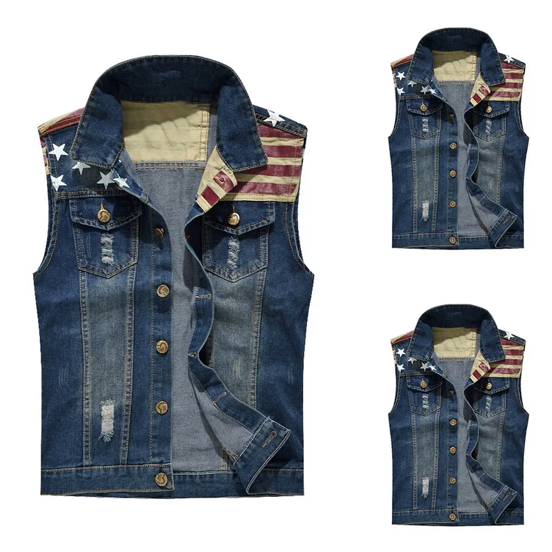 

Men Ripped Jeans Vest 2019 fashion Flag Print Blue Jeans Waistcoat Sleeveless Cowboy Jeans Jacket Men Trend Denim Vest