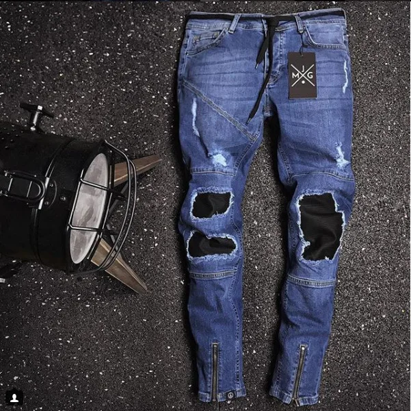 

Personality trend motorcycle pants black hole elastic zipper men's feet feet pants European and American fashion jeans