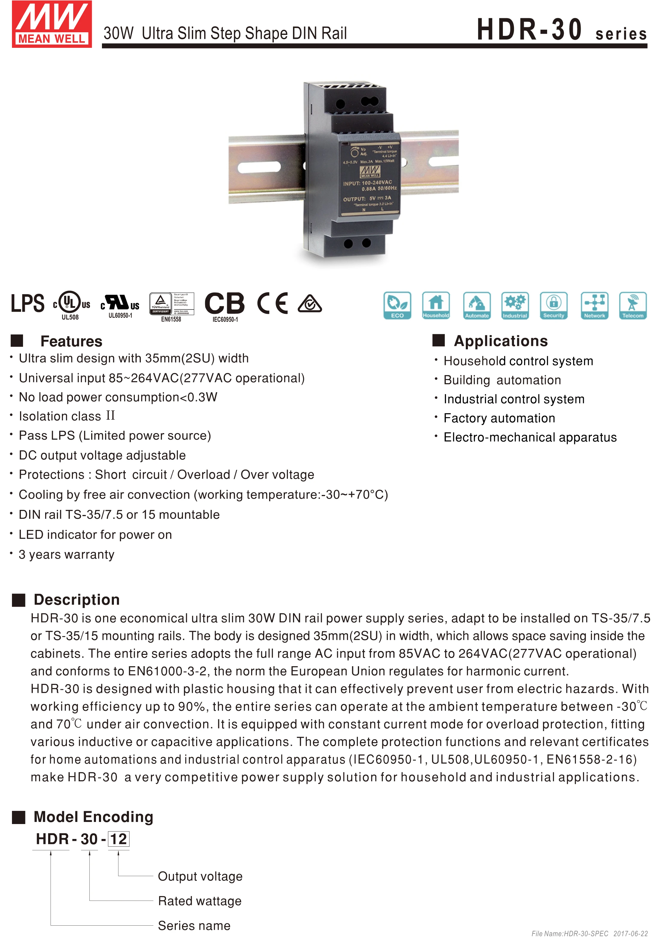 MEAN WELL HDR-30W Mini DC 5 в 12 В 24 в 48 в 15 в din-рейка средняя мощность питания 86-264VAC вход 30 Вт Промышленный источник питания CE UL