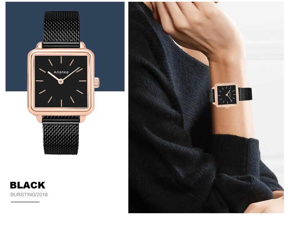 ANANKE, женские квадратные часы из розового золота, женские водонепроницаемые часы из нержавеющей стали, женские простые тонкие кварцевые аналоговые часы