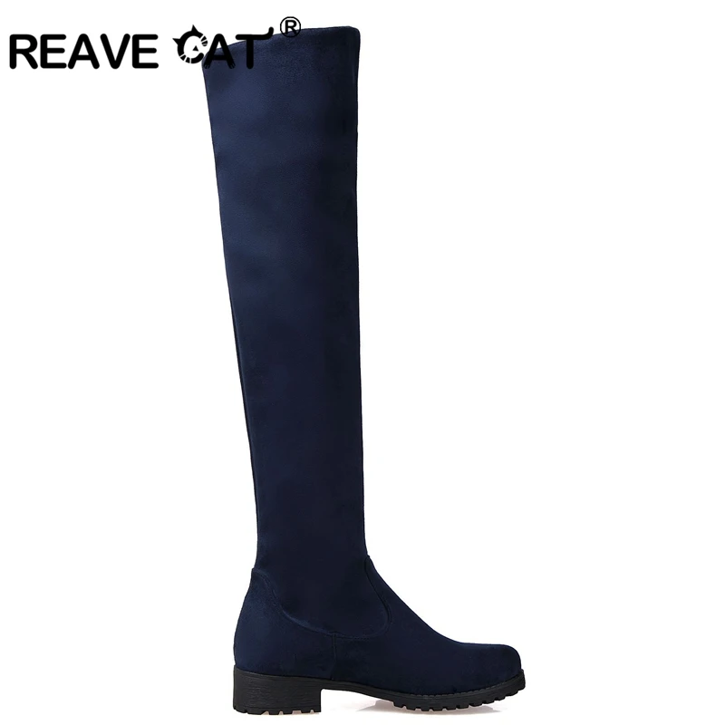 REAVE CAT/Большие размеры 32-43 Для женщин Сапоги выше колена Туфли без каблуков ботинки Sapatos femininos из флока цвет: черный, синий красный мода Повседневное PH049