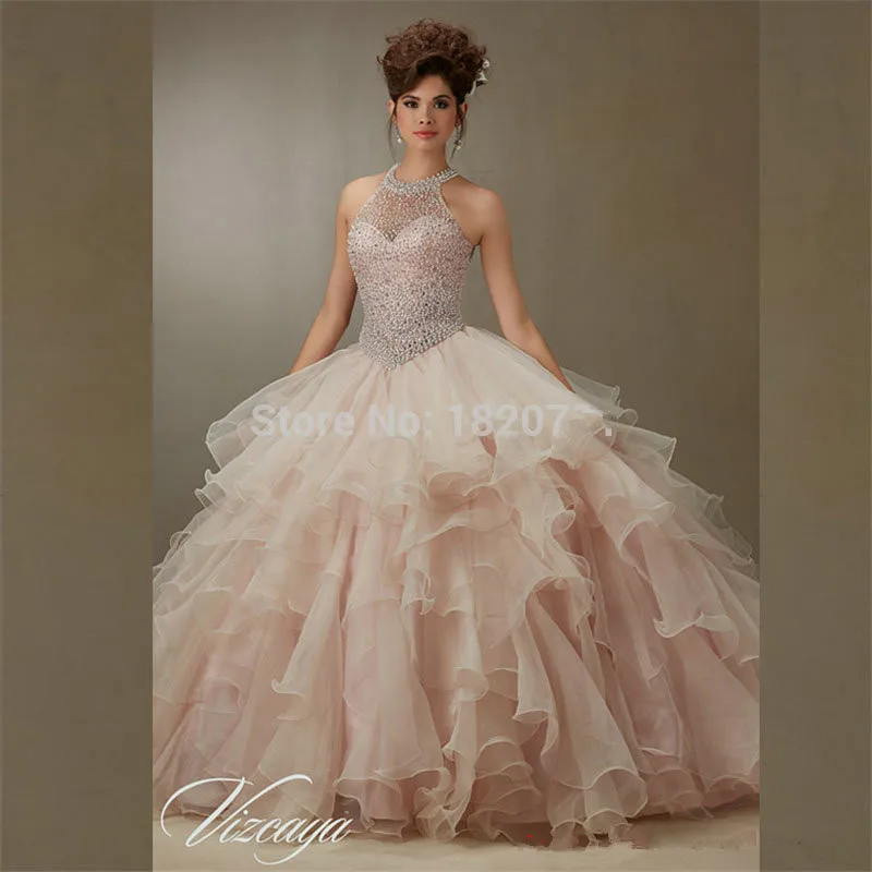 Champagne Puffy Cheap Quinceanera Dresses 2019 Ball Gown High Collar