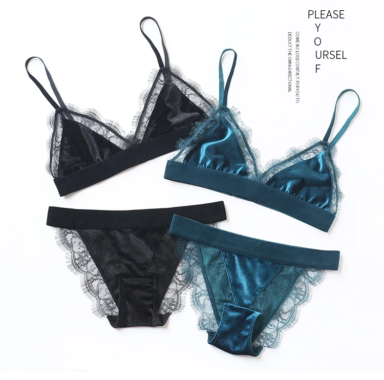 

Elegant Velvet Eyelash Lace Seamless Wire Free Patchwork Bralette Set Sexy Thin Cup Bra Brief Set Women Underwear Set Lingerie