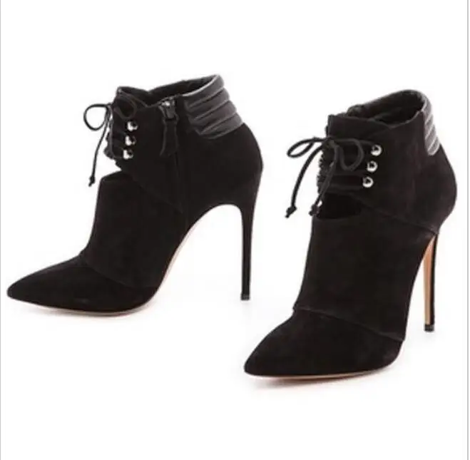 2016 Autumn New Fashion Sexy Pointed Toe Ankle Boots for Woman Cut-Outs Lace-up High Heel Boots  Black Suede Thin Heels Boots