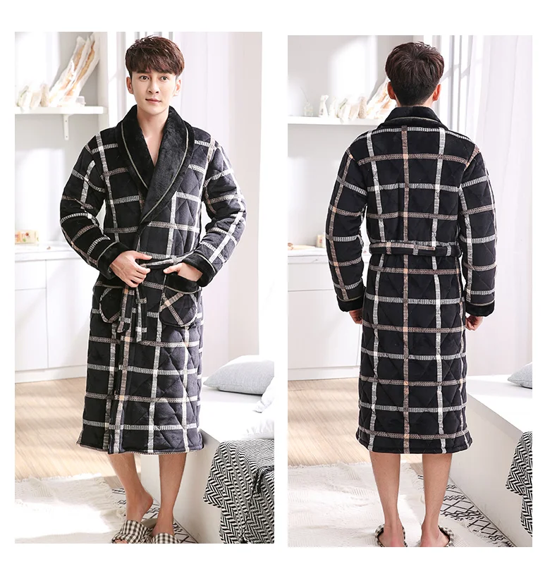Для мужчин зимние 3 слоя кораллового цвета Feece стеганый Халат плед кимоно с длинными рукавами банный халат Повседневное Домашняя одежда мужской спа; одежда для сна