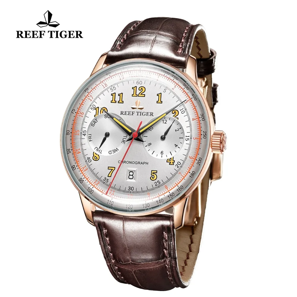 Риф Тигр/RT Роскошные брендовые винтажные часы для мужчин розовое золото коричневый кожаный ремешок светящиеся автоматические механические часы RGA9122