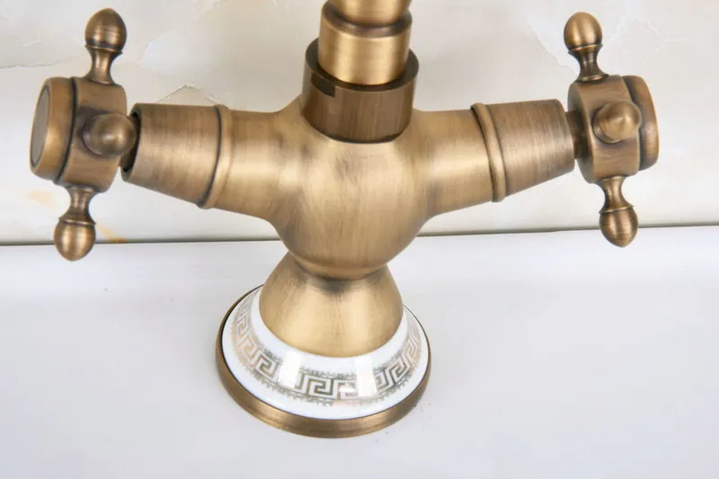 Antique Brass Dual Cross Handles Ceramic Base Bathroom Kitchen Basin Sink Faucet Mixer Tap Swivel Spout Deck Mounted mnf604