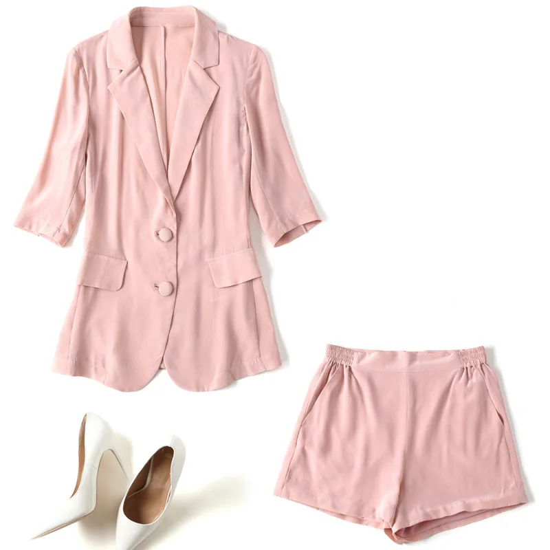 Pink Womens Silk Suits Blazer with Shorts Summer 2019 Chic Two Piece Set Top and Pants Vogue Office Ladies High Quality Coat ins