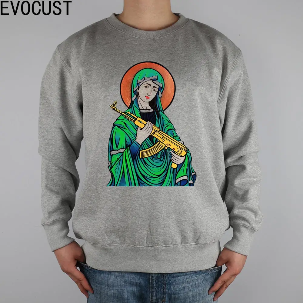 

Blessed Virgin Mary Madonna Kalashnikov Gun men Sweatshirts Thick Combed Cotton