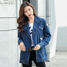 Женская джинсовая куртка с вышивкой, винтажная осенне-зимняя Базовая куртка, повседневные рваные синие джинсовые куртки, верхняя одежда