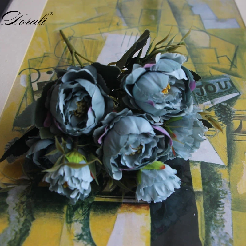 Потертый роскошный букет, Европейский красивый свадебный маленький пион, шелковые цветы, дешевые мини-искусственные цветы для украшения дома в помещении - Цвет: Blue