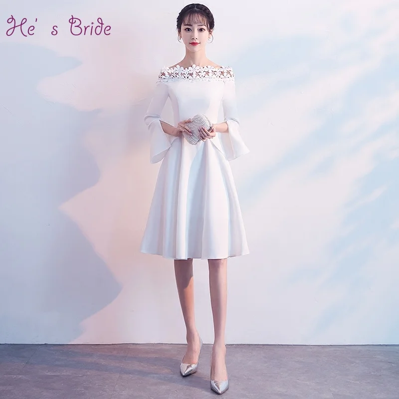

He's Bride New Elegant Cheap Boat Neck Three Quarter Sleeves Knee-Length Short White Cocktail Dresses Vestido De Coctel