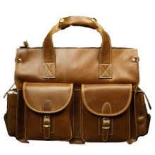 genuine wax oil light cowhide leather dress man’s business Retro yellow briefcases High-capacity travel soft laptop tote bags