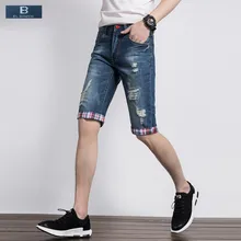 [EL Barco] Новые популярные джинсовые хлопковые рваные джинсовые шорты мужские летние Бермудские карманы однотонные синие мужские шорты Большие размеры 28-38