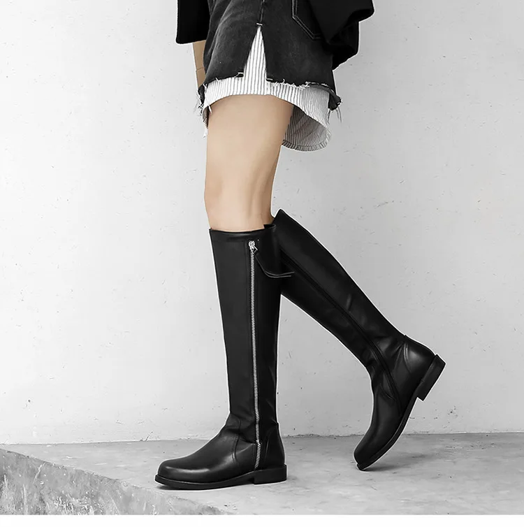 Phoentin/черные кожаные сапоги для верховой езды на молнии; коллекция года; высокие сапоги до колена на плоской подошве; женские сапоги для верховой езды; обувь с круглым носком; FT560