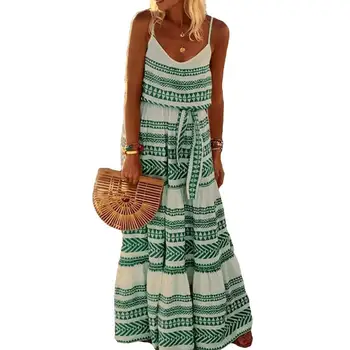 

New Women Printed V Neck Backless Off Shoulder Big Swing Plus Size Beach Sling Dress