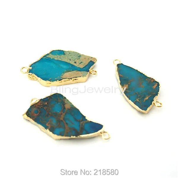 

H-SP64 Free Form Blue Green Imperial Sediment Jaspers Stone Charm Pendant Connector Edged in Gold 2 Loops
