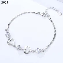 Настоящий чистый цельный 925 пробы Серебряный браслет браслеты для женщин ювелирные изделия фиолетовый кубический циркон сердце женский ручной браслет