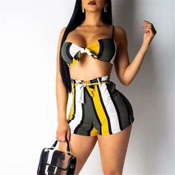 

NEW Womens 2PCS Summer Striped Shorts Sets Ladies Crop Top Bra+High Waist Shortpants Outfits Set Clubwear Sexy Clothes Suit 2019