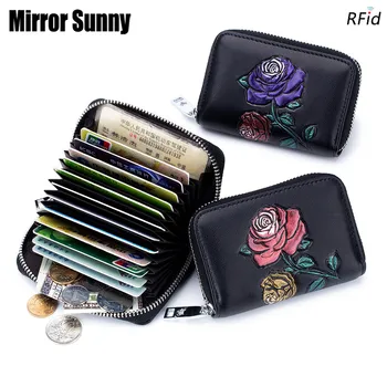 

RFID Printed Rose Flower Organ Card Bag Fashion Women Short Zipper Purse Simple Split Leather Change Pocket Coin Purse Wallet