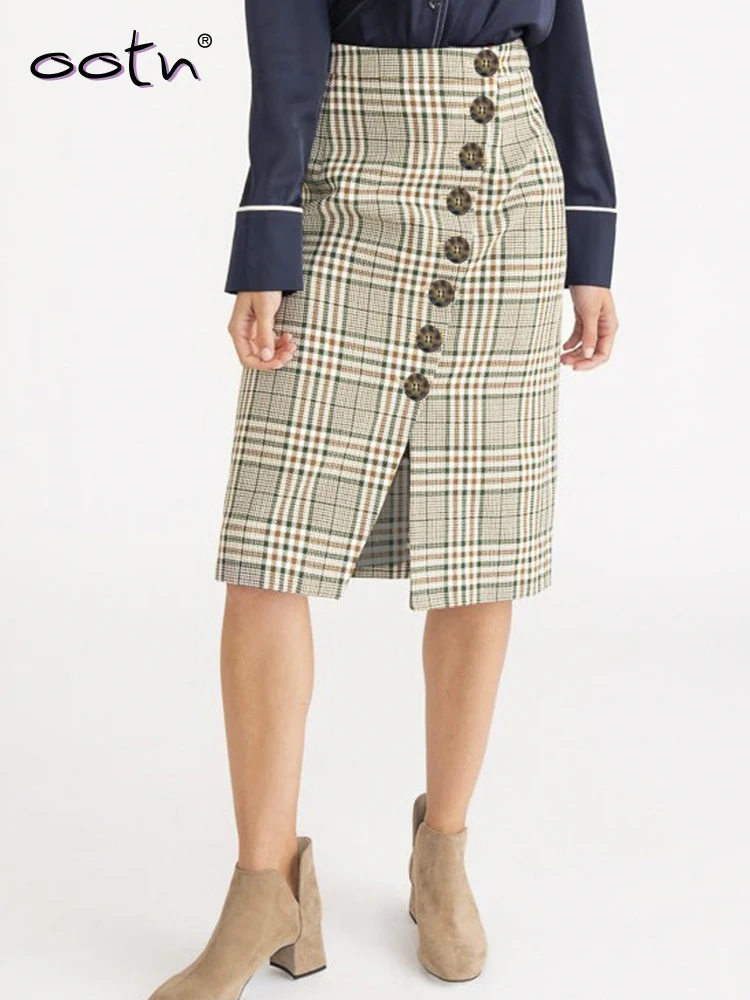 

OOTN Summer New Plaid Pencil Skirt Skinny Button Down High Waist Vintage Knee Length Women Skirts Office Lady Ladies Spring 2019