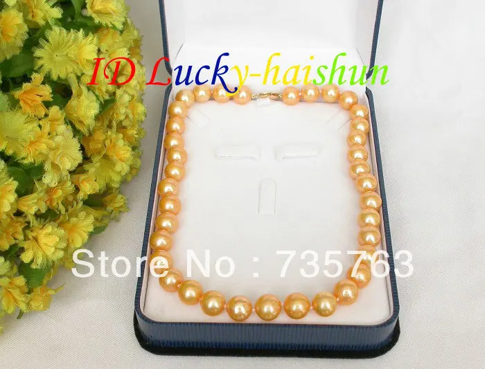 

HOT 17.5" 12mm round yellow golden pearls necklace 14K gold clasp