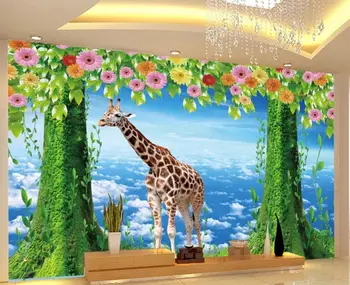 

Modern Custom 3D Wallpaper Green tree, blue sky, white clouds, giraffe, 3D background Wallpaper Mural Painting For Living Room