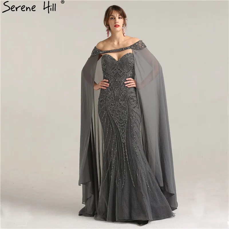 Серое роскошное тяжелое бисерное вечернее платье со съемным колпачком алмазное Бисероплетение Русалка Формальное вечернее платье LA6246