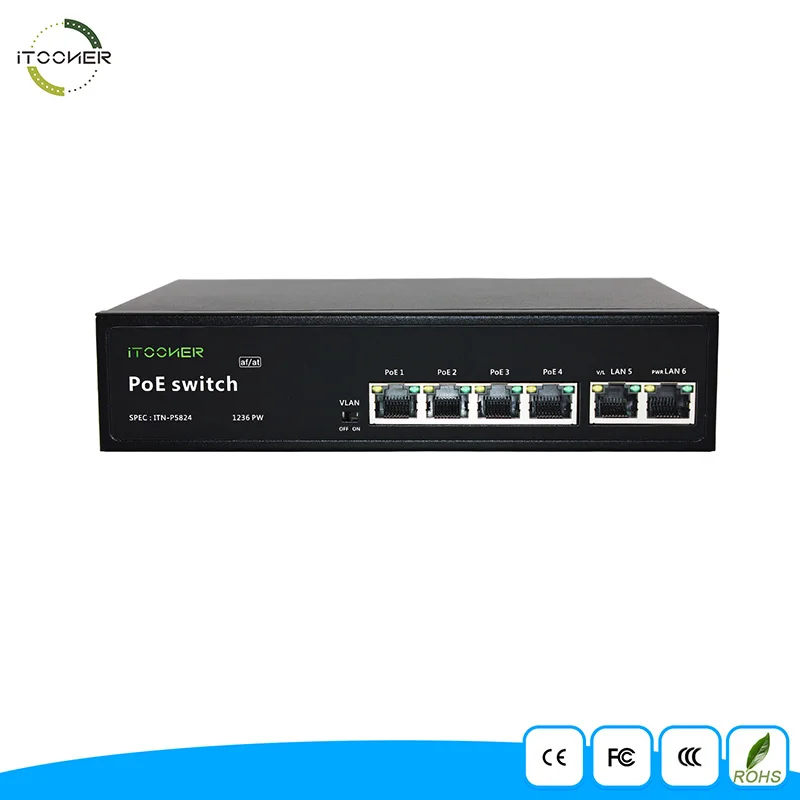 2+4 Ports 10/100Mbps PoE Switch Injector Power over Ethernet IEEE 802.3af/at Built-in Power Supply