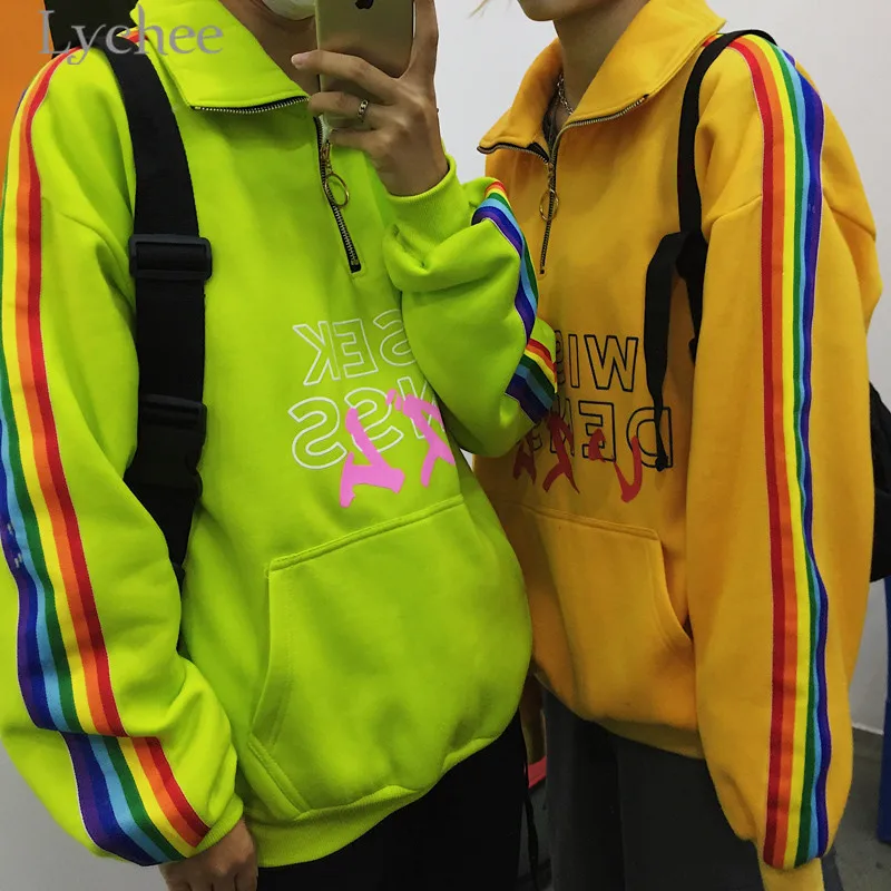 Lychee Harajuku японский Радуга полоса молния женский свитер флис с длинным рукавом