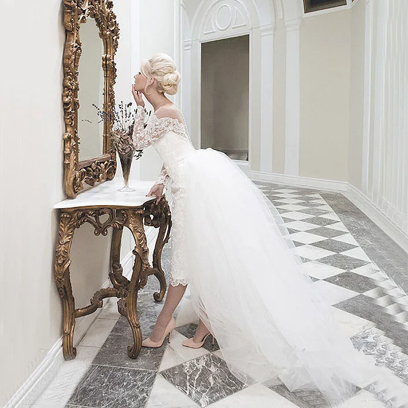 

2016 Ball Gown Bateau Backless Knee Length Long Sleeve Bridal Dresses Short Detachable Skirt Wedding Dresses vestido de noiva