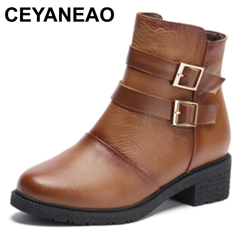 

CEYANEAO Winter Brand Genuine Leather Ankle Boots Women Mar Boots Shoes Real Leather Female Buckle Low Heel Boots E868