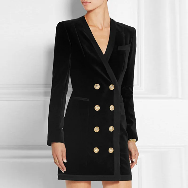 

2018 Autumn Winter Black Formal Dress Women Runway Designer Golden Buttons Zipper Ladies Vintage Velvet Mini Dresses Clothing