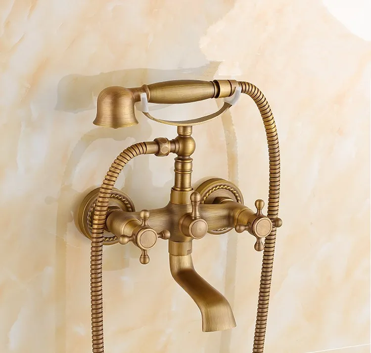 

New arrival Fashion Antique Brass Design Bathroom Shower Faucet Set/Wall Mounted Bronze Dual Handle Bathtub Faucet Free Shipping