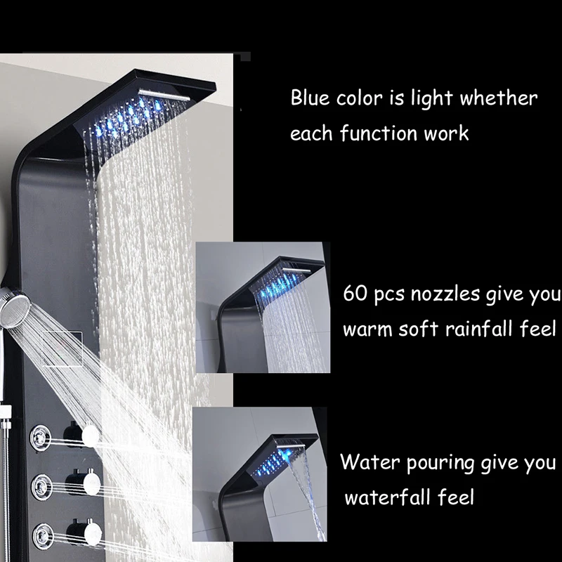 Светодиодный светильник, Душевая система для ванной, душевая колонка, черный дождь, водопад, душевая панель, смеситель для биде с ручным массажным струем, носик