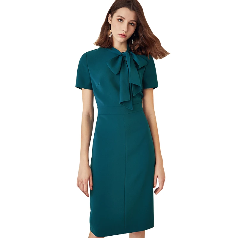 

New Arrival Office Lady Style Elegant Summer Dress Women Bow Collar Short Sleeve Slim Pencil Dress Ladies Party Dresses Vestidos