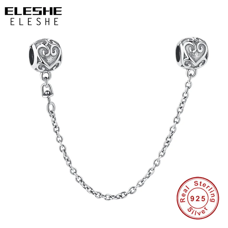 ELESHE 925 Sterling Silver Vintage Heart Safety Chain Stopper Bead Fit Original Bracelet Charms Silver 925 DIY Jewelry Making