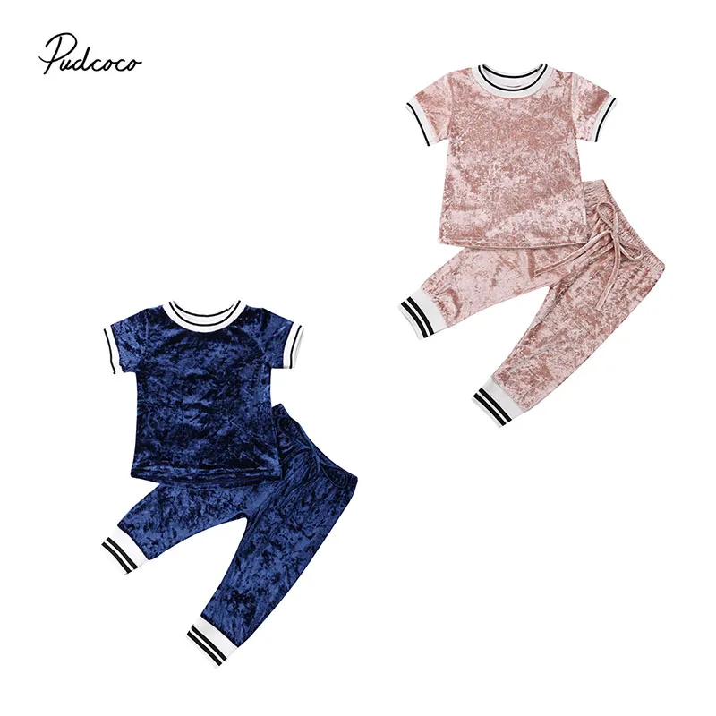 

2019 Brand 2pcs Toddler Kid Baby Girl Clothes Velvet Tops Short Sleeve T Shirt Long Pants Striped New Fashion Outfit Set Summer