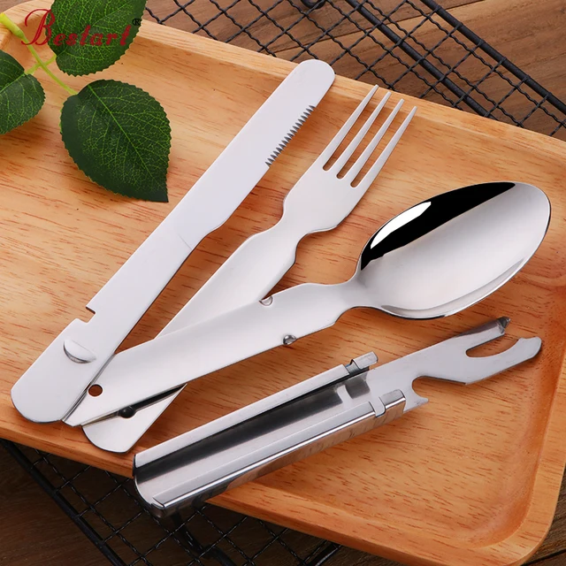 Cheap 4 PCS Camping Set Outdoor in Hiking & Travel picnic BBQ Stainless steel Tableware set with Bottle Opener Free Shipping 1