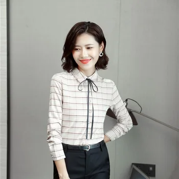 

Autumn and Winter Fashion Grid Formal Blouses Shirts for Women Business Work Wear Female Blouse and Tops With Tie OL Styles