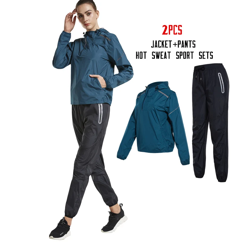 

Women Running Jogger Suits 2 pcs Coat And Trousers Hot Sweat Sports Sets Quick Perspiration Hooded Yoga Fitness Clothing