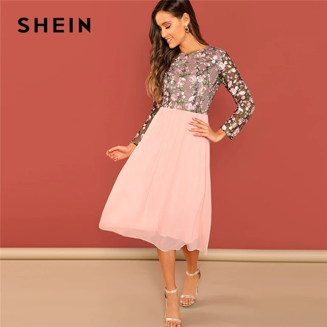 SHEIN Going Out Pink Flower Embroidered Contrast Mesh Bodice Round Neck