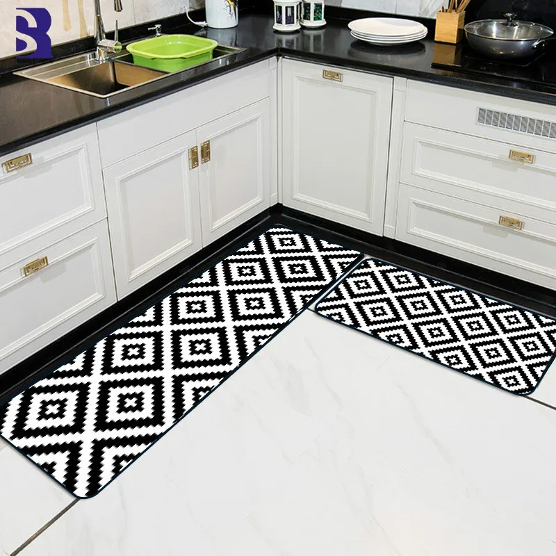 Sunnyrain 2piece Set Black And White Rug For Kitchen Geometric Kitchen