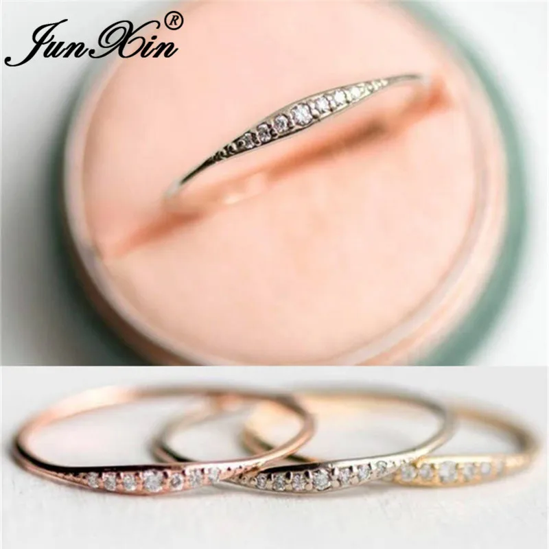 JUNXIN складывающиеся кольца вечности для женщин 925 серебро розовое золото заполненный маленький циркон белый кристалл минималистичные тонкие кольца женские CZ