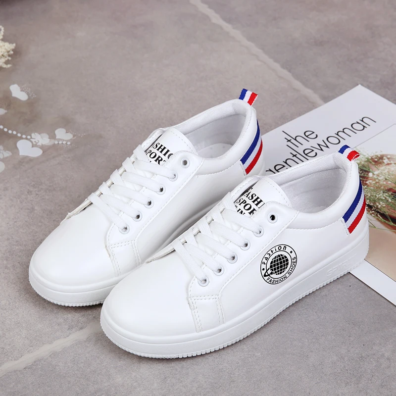 Cheap Womens Athletic White Shoes Sport Sneakers Lace up Leather Running Shoes for Female