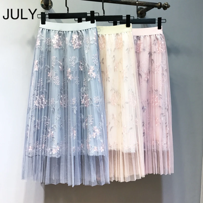 

JULY Embroidery Long Tulle Skirt Women 2019 Spring Summer Korean Elegant High Waist A-line Pleated School Midi Skirt Female