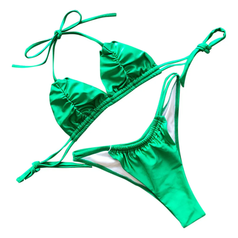 2019 Women's Solid Color Fluorescent Pleated Triangle Bag Swimsuit Bikini Set sexy swimwear push up bikinis mujer brasile 40M30 (5)