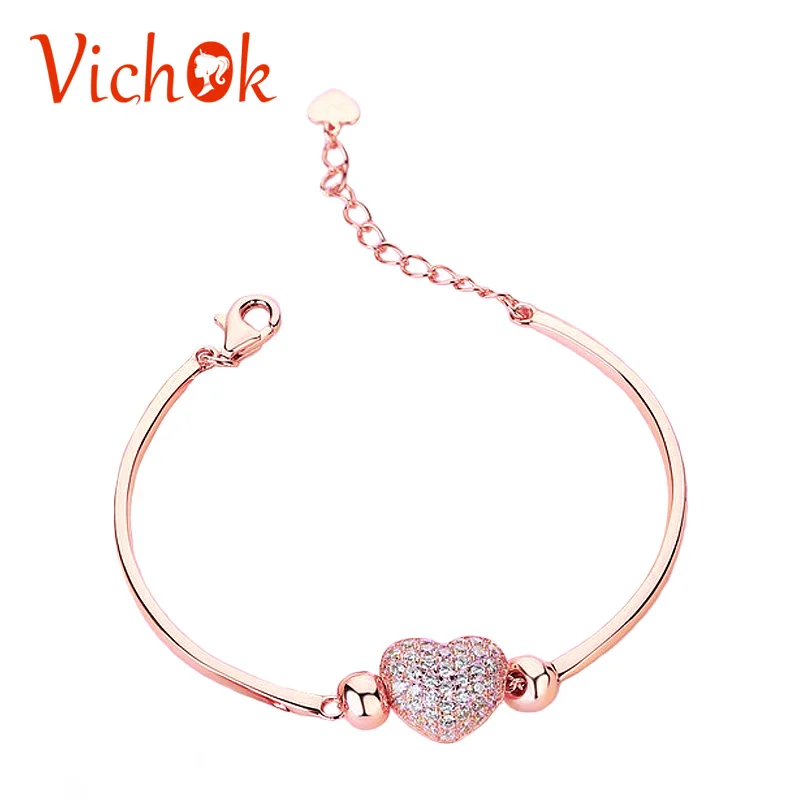

VICHOK Heart With Bling Zircon silver 925 jewelry Bracelets Lobster Clasp Bracelets&Bangles Gold /Rose Gold 2colors For Women