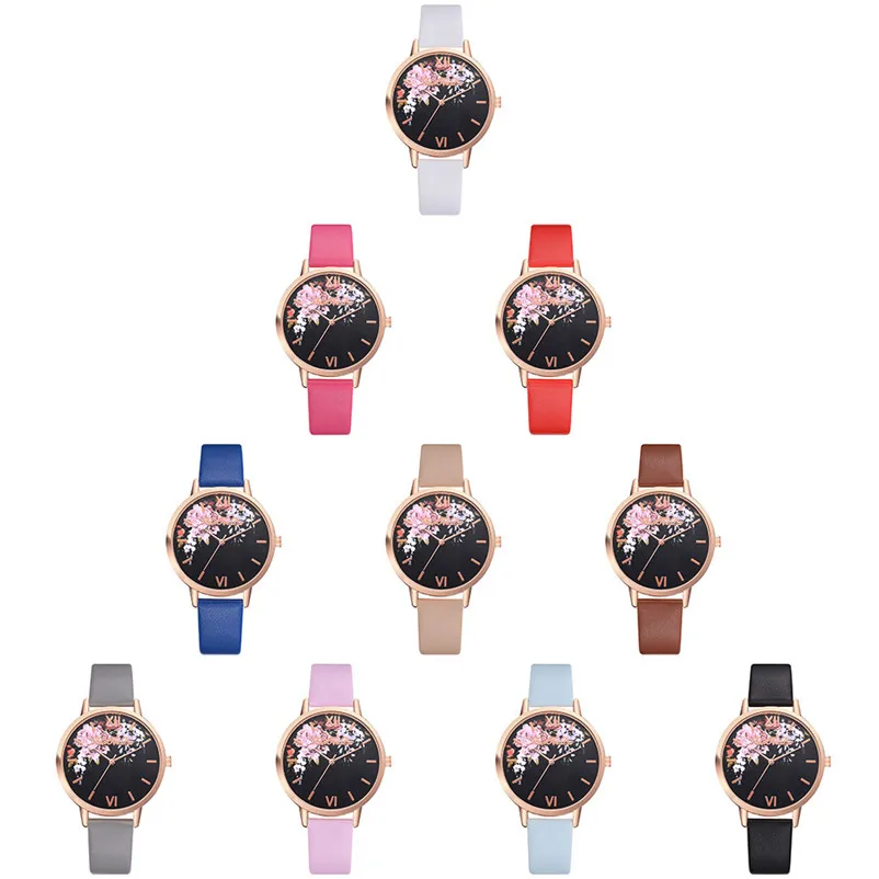 NEW Casual Women Watches Bracelet Watch Ladies Alloy Flowers leather band watch Analog Quartz Wrist Watch Clock relogio J13#N (7)